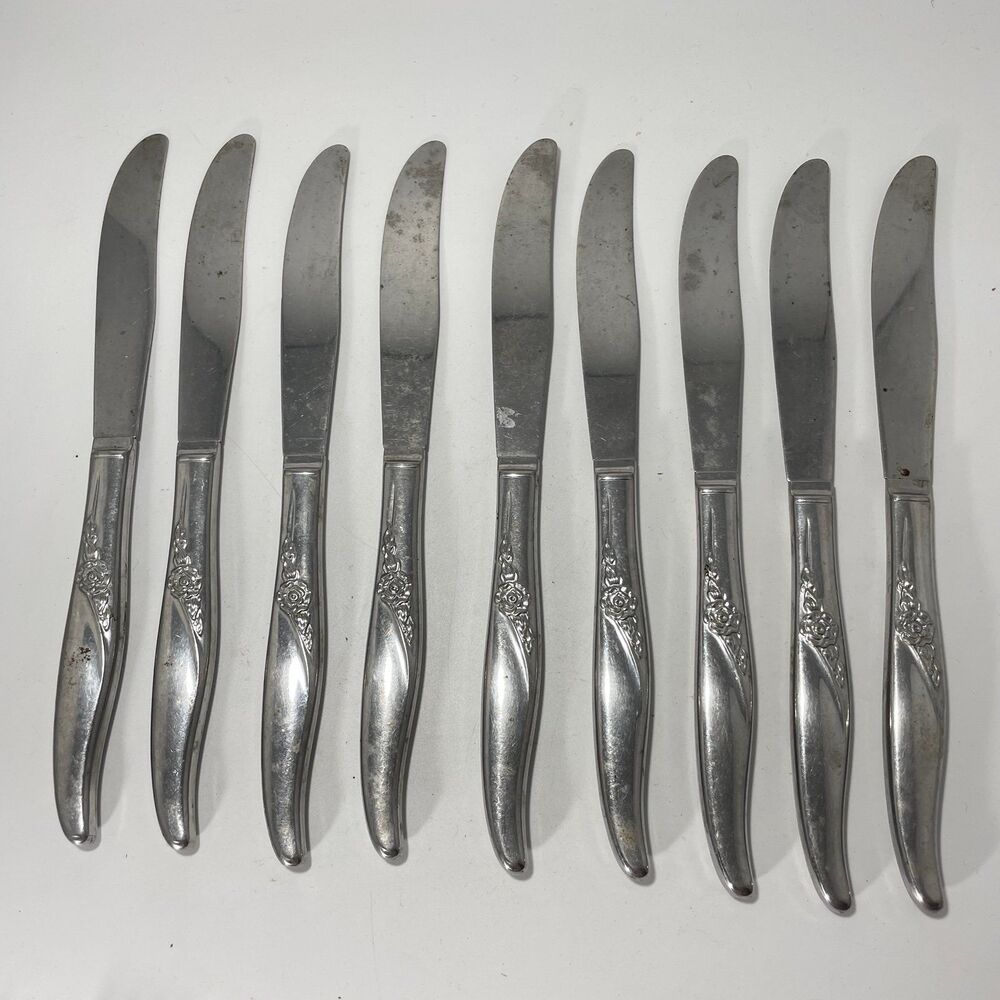 Lot of 9 Oneida Wm A Rogers Premier La Rose Stainless Dinner Knives 8.5”